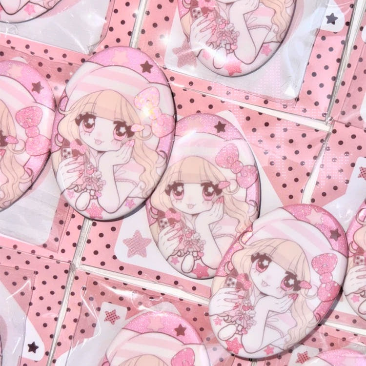 Seolkee Illust - i love home girl pink glitter pin button