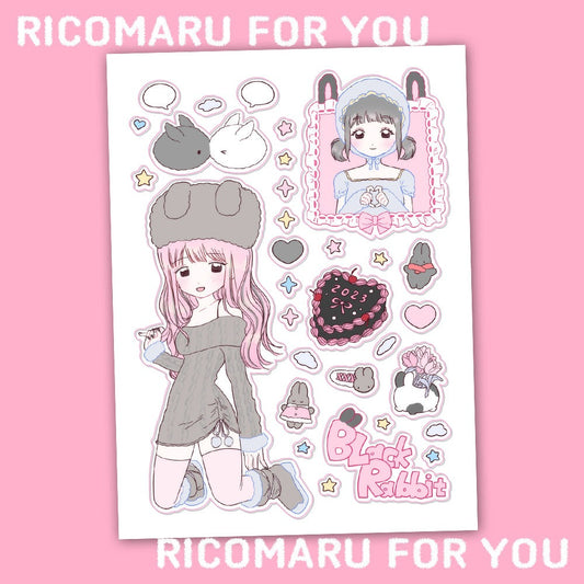 ricomaru - black rabbit sticker sheet