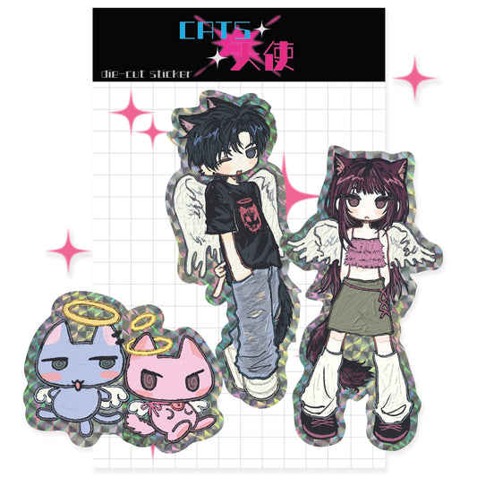 ♡ amustew - cats tenshi hologram die cut sticker