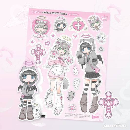 snooze kittens - angel devil girls sticker