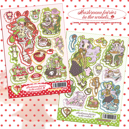 invader darling - mushroom fairies in the woods red&green sticker