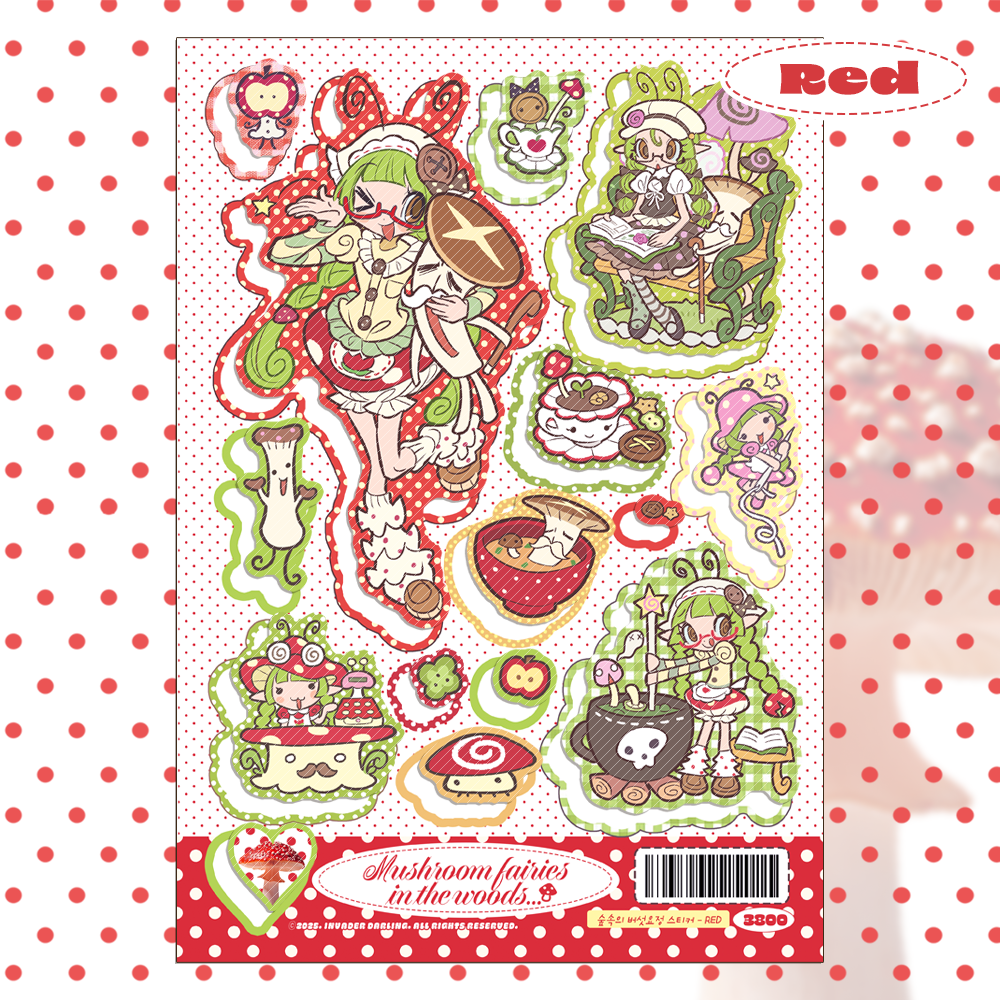 invader darling - mushroom fairies in the woods red&green sticker